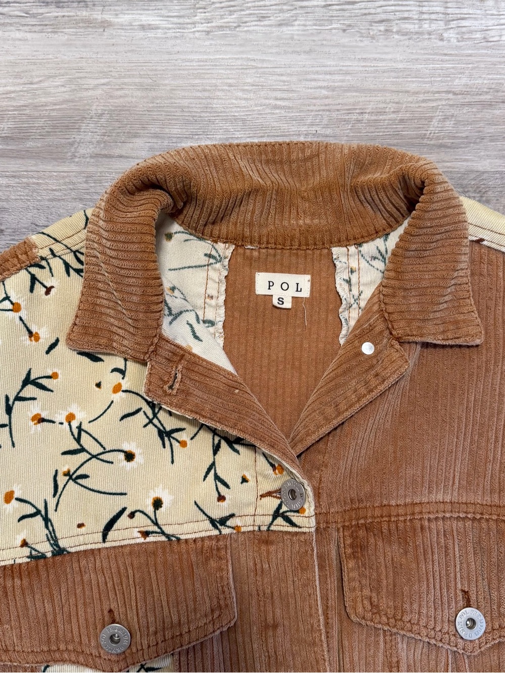 POL Oversized Corduroy Distressed Patchwork Floral Shacket Boho Raw Edge Jacket - Picture 5 of 12
